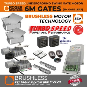 Underground Brushless Double Swing Electric Gate Opener Super Secure Kit With Safety Sensor, Two Wireless Keypads for Entry and Exit Secure Access Control | Roger Technology Brushless Turbo-Speed 36V DC  | 100% Italian Made by Roger Technology BR21/351/HS for Swing Gate Automation System. Ultra High-Speed 100% Duty Cycle Brushless Engine With Mechanical Stopper in Opening and Closing Limits | Max. 6m Opening (3M or 450KG Each Leaf) | Super Intensive Use.