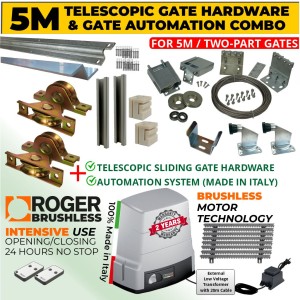 5m Complete Telescopic Sliding Gate Hardware for Two-Part Driveway Sliding Gate and Gate Automation Combo | BRUSHLESS Sliding Gate Opener Kit 1000 KG  with Weatherproof External 24V Transformer and 20m Low Voltage Cable | 100% Duty Cycle, High Torque Brushless Super Intensive Use, Italian Made by Roger Technology and 5m Complete Telescopic Sliding Gate Hardware Installation Kit for Two-Part Driveway Gates