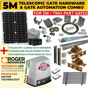 5m Complete Telescopic Sliding Gate Hardware for Two-Part Driveway Sliding Gate and Solar Powered Gate Automation Combo |  Standalone Off-Grid BRUSHLESS Sliding Gate Opener Kit 1000 KG | 100% Duty Cycle, High Torque Brushless Super Intensive Use, Italian Made by Roger Technology and 5m Complete Telescopic Sliding Gate Hardware Installation Kit for Two-Part Driveway Gates