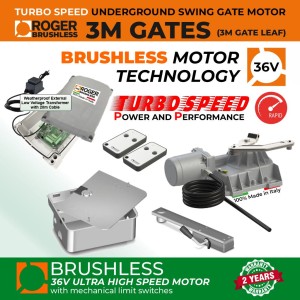 Underground Single Swing Electric Gate Low Voltage Kit| Roger Technology 36V Brushless Motor |100% Italian Made by Roger Technology BR21/351/HS for Swing Gate Automation System. High-Speed 100% Duty Cycle Brushless Engine With Mechanical Stopper in Opening and Closing Limits, External 24V Transformer with 20m Low Voltage Cable | Max. 3M or 400KG Per Gate Leaf | Super Intensive Use.