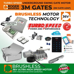 Underground Brushless Single Swing Electric Gate Opener Smart WiFi Low voltage Kit | Roger Technology 36V Brushless Motor |100% Italian Made by Roger Technology BR21/351/HS for Swing Gate Automation System. High-Speed 100% Duty Cycle Brushless Engine With Mechanical Stopper in Opening and Closing Limits, Safety Sensor, WiFi Keypad for Smart Device APP Access Control, External 24V Transformer with 20m Low Voltage Cable | Max. 3M or 400KG Per Gate Leaf | Super Intensive Use.