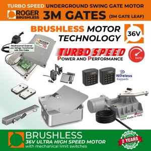 Underground Brushless Single Swing Electric Gate Opener Super Secure Low Voltage Kit | Roger Technology 36V Brushless Motor|100% Italian Made by Roger Technology BR21/351/HS for Swing Gate Automation System. High-Speed 100% Duty Cycle Brushless Engine With Mechanical Stopper in Opening and Closing Limits, Safety Sensor, Two Wireless Keypads for Entry and Exit Secure Access Control, External 24V Transformer with 20m Low Voltage Cable | Max. 3M or 400KG Per Gate Leaf | Super Intensive Use.