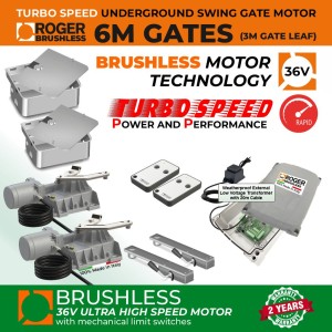 Underground Double Swing Electric Gate Low Voltage Kit| Roger Technology 36V Brushless Motor |100% Italian Made by Roger Technology BR21/351/HS for Swing Gate Automation System. High-Speed 100% Duty Cycle Brushless Engine With Mechanical Stopper in Opening and Closing Limits, External 24V Transformer with 20m Low Voltage Cable | Max. 6m Opening (3M or 450KG Each Leaf)| Super Intensive Use