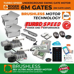 Underground Brushless Double Swing Electric Gate Opener Smart WiFi Low voltage Kit | Roger Technology 36V Brushless Motor |100% Italian Made by Roger Technology BR21/351/HS for Swing Gate Automation System. High-Speed 100% Duty Cycle Brushless Engine With Mechanical Stopper in Opening and Closing Limits, Safety Sensor, WiFi Keypad for Smart Device APP Access Control, External 24V Transformer with 20m Low Voltage Cable | Max. 6m Opening (3M or 450KG Each Leaf)| Super Intensive Use