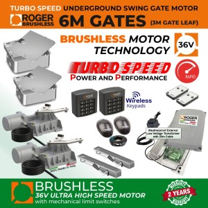 Underground Brushless Double Swing Electric Gate Opener Super Secure Low Voltage Kit | Roger Technology 36V Brushless Motor|100% Italian Made by Roger Technology BR21/351/HS for Swing Gate Automation System. High-Speed 100% Duty Cycle Brushless Engine With Mechanical Stopper in Opening and Closing Limits, Safety Sensor, Two Wireless Keypads for Entry and Exit Secure Access Control, External 24V Transformer with 20m Low Voltage Cable | Max. 6m Opening (3M or 450KG Each Leaf) | Super Intensive Use.