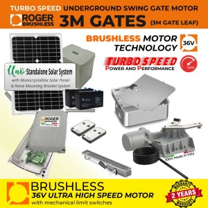 Solar Powered Underground Single Swing Electric Gate Opener Kit | Roger Technology 36V Brushless Motor |100% Italian Made by Roger Technology BR21/351/HS for Swing Gate Automation System. High-Speed 100% Duty Cycle Brushless Engine With Mechanical Stopper in Opening and Closing Limits and APC UNO 24V Standalone Complete Solar Power System | Max. 3M or 400KG Per Gate Leaf | Super Intensive Use.