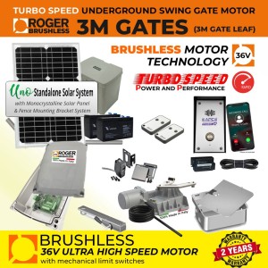 Solar Powered Underground Single Swing Electric Gate Opener GSM Intercom Access Control Kit | Roger Technology 36V Brushless Motor |100% Italian Made by Roger Technology BR21/351/HS for Swing Gate Automation System. High-Speed 100% Duty Cycle Brushless Engine With Mechanical Stopper in Opening and Closing Limits, Safety Sensor and 4G GSM Audio Intercom Doorbell Access Control, and APC UNO 24V Standalone Complete Solar Power System | Max. 3M or 400KG Per Gate Leaf | Super Intensive Use.