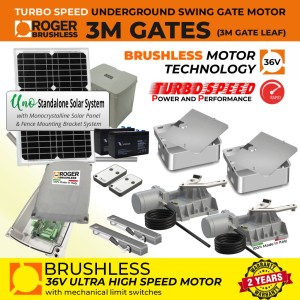 Solar Powered Underground Double Swing Electric Gate Opener Kit | Roger Technology 36V Brushless Motor |100% Italian Made by Roger Technology BR21/351/HS for Swing Gate Automation System. High-Speed 100% Duty Cycle Brushless Engine With Mechanical Stopper in Opening and Closing Limits and APC UNO 24V Standalone Complete Solar Power System | Max. 6m Opening (3M or 450KG Each Leaf)| Super Intensive Use.