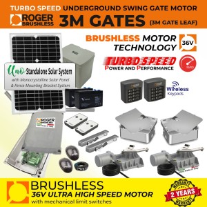 Solar Powered Underground Double Swing Electric Gate Opener Super Secure Kit | Roger Technology 36V Brushless Motor |100% Italian Made by Roger Technology BR21/351/HS for Swing Gate Automation System. High-Speed 100% Duty Cycle Brushless Engine With Mechanical Stopper in Opening and Closing Limits, Safety Sensor, Two Wireless Keypads for Entry and Exit Secure Access Control, and APC UNO 24V Standalone Complete Solar Power System | Max. 6m Opening (3M or 450KG Each Leaf) | Super Intensive Use.