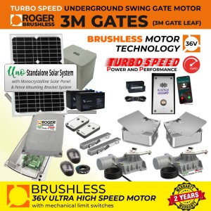 Solar Powered Underground Double Swing Electric Gate Opener GSM Intercom Access Control Kit | Roger Technology 36V Brushless Motor |100% Italian Made by Roger Technology BR21/351/HS for Swing Gate Automation System. High-Speed 100% Duty Cycle Brushless Engine With Mechanical Stopper in Opening and Closing Limits, Safety Sensor and 4G GSM Audio Intercom Doorbell Access Control, and APC UNO 24V Standalone Complete Solar Power System | Max. 6m Opening (3M or 450KG Each Leaf) | Super Intensive Use.