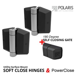 Self-Closing System Combo, Soft Close Hinges with PowerClose 180 Force-Closing for 180-Degree Opening Pedestrian Gate | Pair of Polaris 156 Series Soft Close Gate Hinge and PowerClose PC-180 Gate Snap-Closing, Making Access Secure.