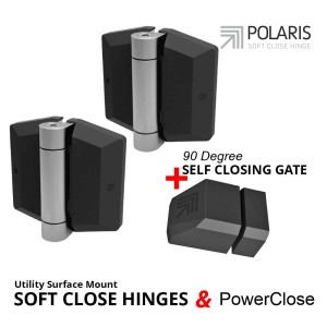 Self-Closing System Combo, Soft Close Hinges with PowerClose 90 Force-Closing for 90-Degree Opening Pedestrian Gate | Pair of Polaris 156 Series Soft Close Gate Hinge and PowerClose PC-90 Gate Snap-Closing, Making Access Secure.
