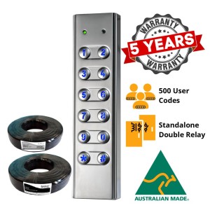 APC Australian Made Vandal Proof Slimline Keypad with 5 Years Warranty| Keypad With 5m 4 Core and 5m 2 Core Cable Combo| Controls Two Gates / Doors Independently. Extremely Strong Keypad & Weather Resistance. Suitable for Indoor and Outdoor Use.