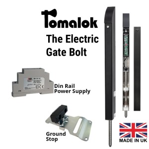Electric Drop Bolt Lock with Din Rail Power Supply And Ground Stop | Heavy-Duty Stainless Steel Black Powder-Coated Motorized Tomalok 24V Drop Bolt for Swing Gates | 150mm Stroke, 20mm Diameter Stainless Steel Pin, Inbuilt Battery Backup | The Electric Gate Bolt Kit - Tomalok