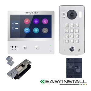 Eyevision® EasyInstall Two-Wire Doorbell Video Intercom and Electric Striker System. Two Wire 7 Inch Touch Screen Intercom Monitor and Surface Mount Video Intercom Camera Door Station, 2.0 Mega Pixel, 170° Super Wide Angle Video Keypad Outdoor Station