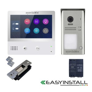 Eyevision® EasyInstall Two-Wire Doorbell Video Intercom with Electric Striker System. 7 Inch Touch Screen Intercom Monitor and Surface Mount Video Door Station 105° Wide Angle Outdoor Video Camera Doorbell, Stainless Steel Electric Gate and Door Striker