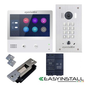 Eyevision® EasyInstall Two-Wire Doorbell Video Intercom with Electric Striker System. Two Wire 7 Inch Touch Screen Intercom Monitor, Flush Mount Video Intercom Outdoor Station Keypad Doorbell with 2.0 Mega Pixel, 170° Super Wide Angle Video Camera, and St