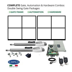 Driveway Gate Frames 6m Opening - Gate Frames 2 x (3m (L) x 1.8m (H)), Gate Automation & Hardware Combos with Italian Made Logico 24 Control Unit and APC Extra Heavy Duty Swing Gate Opener System. Complete Double Swing Electric Gate Packages.