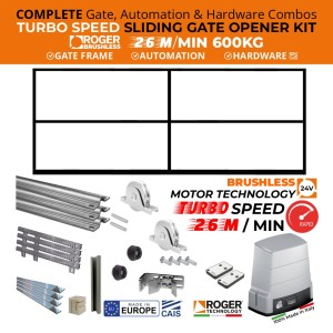 Complete Gate, Hardware and Automation Combo With 4.5m GATE FRAME, Ultra High-Speed 100% Duty Cycle 600kg Roger Technology Brushless Sliding Gate Opener and European-Made CAIS Sliding Gate Hardware