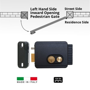 Electric Lock for Left Hand Side Inward Opening Pedestrian Gate or Door. Italian Made, Viro V97 12V DC With Push Button Electric Locks for Left Hand Side Inward Opening Swing Gates With Adjustable Backset From 50 to 80 mm