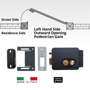 Electric Lock for Left-Hand Side Outward Opening Pedestrian Gate or Door. Italian-made Viro V97 12V DC with Push-Button Electric Lock for Left-Hand Side Outward Opening Swing Gates With Adjustable Backset From 50 to 80 mm.