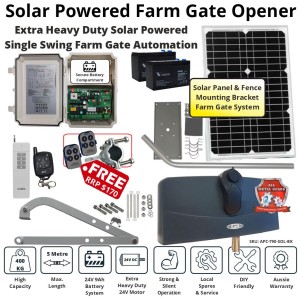 Solar Farm Gate Opener Kit With FREE Farm Gate Bracket. Extra Heavy Duty Articulated Arm System With Adjustable Limits, Solar Powered Remote Control Automatic Electric Farm Gate