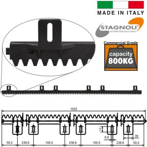 800 KG Capacity High Strength 1020mm Fixings Facing Up Steel Reinforced Nylon Gear Rack Sliding Gate Hardware for Domestic and Commercial Sliding and Cantilever Gates. Made in Italy by Stagnoli