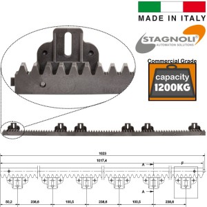 1200 KG Capacity High Strength 1020mm Fixings Facing Down Steel Reinforced Nylon Gear Rack Sliding Gate Hardware for Domestic and Commercial Sliding and Cantilever Gates. Made in Italy by Stagnoli