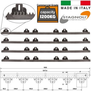 4m Gate Nylon Rack Kit (4x1020mm) 1200 KG Capacity High Strength Steel Reinforced Nylon Gear Rack Sliding Gate Hardware for Domestic and Commercial Sliding and Cantilever Gates. Made in Italy by Stagnoli