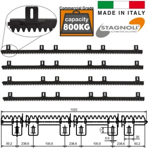 4m Gate Nylon Rack Kit (4x1020mm) 800 KG Capacity High Strength 1020mm Fixings Facing Up Steel Reinforced Nylon Gear Rack Sliding Gate Hardware for Domestic and Commercial Sliding and Cantilever Gates. Made in Italy by Stagnoli