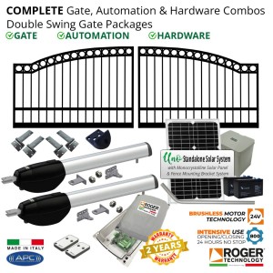 Complete Gate, Solar Powered Gate Automation & Hardware Combos with Italian Made Gate Opener. Solar Double Swing Gate Packages