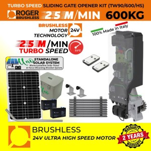 Solar Powered Invisible Sliding Gate Operator | In-Post Sliding Gate Opener Kit With Standalone Solar Power System | Suitable to Install Inside 150mm x 150mm Post, No Limits Required | Turbo Speed Brushless Sliding Gate Motor |100% Italian Made by Roger Technology TW90/600/HS Sliding Gate Automation System. 100% Duty Cycle 600kg Brushless In-Post Invisible Sliding Gate Motor