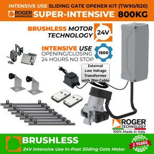 Invisible Sliding Gate Operator | In-Post Sliding Gate Opener Kit With Weatherproof External 24V Transformer with 20m Low Voltage Cable | Suitable to Install Inside 150mm x 150mm Post, No Limits Required | Intensive Use Brushless Sliding Gate Motor |100% Italian Made by Roger Technology TW90/820 Sliding Gate Automation System. 100% Duty Cycle 800kg Brushless In-Post Invisible Sliding Gate Motor