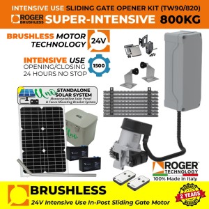 Invisible Sliding Gate Operator | In-Post Sliding Gate Opener Kit With Standalone Solar Power SystemStandalone Solar Power System | Suitable to Install Inside 150mm x 150mm Post, No Limits Required | Intensive Use Brushless Sliding Gate Motor |100% Italian Made by Roger Technology TW90/820 Sliding Gate Automation System. 100% Duty Cycle 800kg Brushless In-Post Invisible Sliding Gate Motor