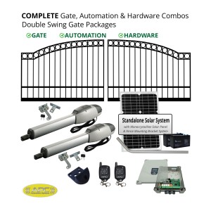 Solar Powered 3m Arched Gates (2x 1.5m), Gate Automation & Hardware Combos with Extra Heavy Duty Gate Opener. Complete Solar Double Swing Gate Packages
