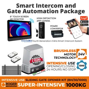 1000 KG Sliding Gate Opener and Smart WiFi Intercom System Kit Include Italian Made by Roger Technology BH30 1 Ton Capacity Brushless Sliding Gate Automation System, Remotes, Power Convertor, 120° 2MP HD Intercom Camera Keypad (Swipe Tag Reader) Outdoor Station and 8" HD Monitor With Built-In WiFi For Smartphone APP (HD-EV-WF8)