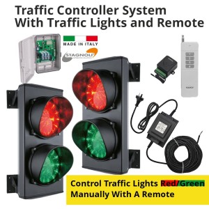 Complete package for manually controlling the traffic lights red/green with a remote. Traffic Light Controller with Two Traffic Lights, Receiver, Long Distance Remote Combo | Traffic Light Control Board and 2 Red and Green LED Dual Traffic Lights | Made in Italy by Stagnoli | Specially designed for alternating one-way roads in apartment buildings (e.g. ramps), company and car park contexts, commercial, residential, and public events