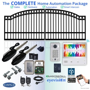 4.5M Double Arched Top Gates (2x2.25 M), Gate Opener and Hardware with EasyInstall 2 Wire Smartphone Intercom Kit Complete Smart Home Package