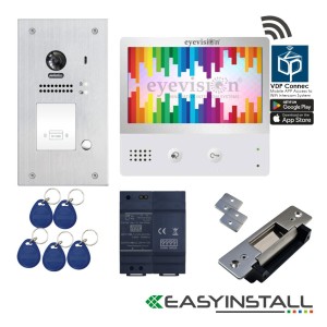 Eyevision® EasyInstall Two-Wire Smart WiFi Video Intercom with Electric Striker System. 7 Inch Touch Screen WIFI Monitor, 2MP/170 Degree Super Wide Angle Flush Mount Stainless Steel Outdoor Video Camera Doorbell Station, and Stainless Steel Electric Gate and Door Striker with RFID Swipe Tag Access, WiFi Connection, Smart Phone APP, Simple Line by Line GUI, Easy Installation