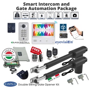 Double Swing Gates Automation and Intercom Combo with Extra Heavy Duty Italian-Made Proteous PT-9000 Telescopic Linear Actuator Double Swing Gate Opener and EasyInstall 2Wire Smart Video Intercom Gate Access Management System.