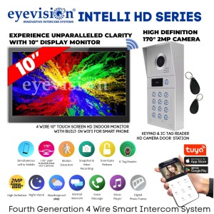 Eyevision® Intelli HD Series Smart WiFi Intercom System | Stainless Steel 170° Fish Eyes Lens, Ultra Wide Angle, 2MP AHD Intercom Camera Keypad (Swipe Tag Reader) Outdoor Station with 10" Touchscreen HD Monitor With Built-In WiFi For Smartphone APP | Includes Power Adapters, Swipe Tags, Fixing  Brackets | Easy 4 Wired Installation (Free Smartphone APP) | Fourth Generation 4 Wire Intercom Systems