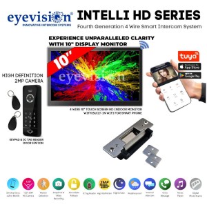 Eyevision® Intelli HD Series Smart WiFi Intercom System with Stainless Steel Electric Gate and Door Striker | 120° 2MP HD Intercom Camera Keypad (Swipe Tag Reader) Outdoor Station with 10" HD Monitor With Built-In WiFi For Smartphone APP | Includes Power Adapters, Swipe Tags, Fixing  Brackets | Easy 4 Wired Installation (Free Smartphone APP) | Fourth Generation 4 Wire Intercom and Door Striker Access Control Systems