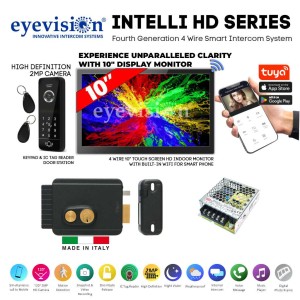 Eyevision® Intelli HD Series Smart WiFi Intercom and Pedestrian Gate Electric Lock Access Control Bundle | 120° 2MP HD Intercom Camera Keypad (Swipe Tag Reader) Outdoor Station with 10" HD Monitor With Built-In WiFi For Smartphone APP | Includes Power Adapters, Swipe Tags, Fixing  Brackets | Easy 4 Wired Installation (Free Smartphone APP) | Fourth Generation 4 Wire Intercom and Italian Made Electric Gate Lock Viro V97 With Push Button - Galvanized and Anthracite Metallic Painted Steel