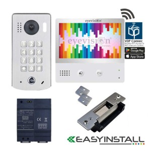 Eyevision® EasyInstall Two-Wire Doorbell Video Intercom and Electric Striker System. Two Wire 7 Inch Touch Screen Intercom Monitor and Surface Mount Video Intercom Camera Door Station, 2.0 Mega Pixel, 170° Super Wide Angle Video Keypad Outdoor Station