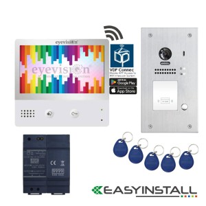 Eyevision® EasyInstall Two-Wire Smart WiFi Video Intercom System with 7 Inch Touch Screen WIFI Monitor with 2MP/170 Degree Super Wide Angle Flush Mount Stainless Steel Outdoor Video Camera Doorbell Station, RFID Swipe Tag Access, WiFi Connection, Smart Phone APP, Simple Line by Line GUI, Easy Installation