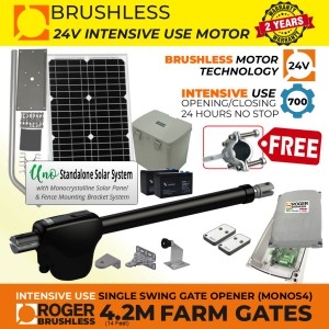 Brushless Farm Gate Opener Kit with 24V Solar Powered Brushless 100% Italian Made by Roger Technology MONOS4 for Swing Gate Automation and APC UNO Standalone Complete Solar Power System | Super Intensive Use, 100% Duty Cycle, Brushless Electric Gate Motor with Telescopic Arm | Max. 4.2m/450kg Opening Driveway Gate Leaf