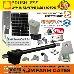 Brushless Farm Gate Opener Secure Kit with Electric Gate Lock, Retro Reflective Safety Sensor, Automatic Gate Remote Controls, 24V Solar Powered Brushless 100% Italian Made by Roger Technology MONOS4 for Swing Gate Automation and APC UNO Standalone Complete Solar Power System | Super Intensive Use, 100% Duty Cycle, Brushless Electric Gate Motor with Telescopic Arm | Max. 4.2m/450kg Opening Driveway Gate Leaf