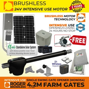 Solar Powered Farm Gate Opener Essentials Kits with Wireless Keypad, Remote Control, 24V Solar Powered Brushless 100% Italian Made by Roger Technology MONOS4 for Swing Gate Automation and APC UNO Standalone Complete Solar Power System | Super Intensive Use, 100% Duty Cycle, Brushless Electric Gate Motor with Telescopic Arm | Max. 4.2m/450kg Opening Driveway Gate Leaf