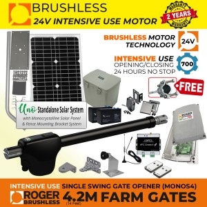 Brushless Farm Gate Opener 4G GSM Kit with Retro Reflective Safety Sensor, 4G Network Receiver (4G/VoLTE Compatible), 24V Solar Powered Brushless 100% Italian Made by Roger Technology MONOS4 for Swing Gate Automation and APC UNO Standalone Complete Solar Power System | Super Intensive Use, 100% Duty Cycle, Brushless Electric Gate Motor with Telescopic Arm | Max. 4.2m(14 Feet)/450kg Opening Driveway Gate Leaf