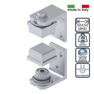 450 kg Universal Left/Right Bearing Hinges. Italian Made Heavy-duty Adjustable Bearing Hinges With a Knock-In 50x50mm Square Hollow Section (SHS) Caps Are Suitable for Steel Swing Gates.